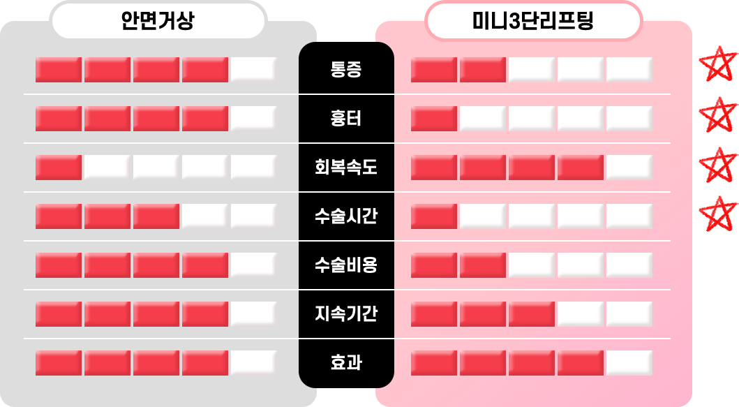 안면거상과 미니3단리프팅의 항목별 비교 인포그래픽 차트