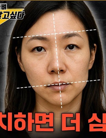 가이드 점선이 표시된 안면비대칭 여성 얼굴