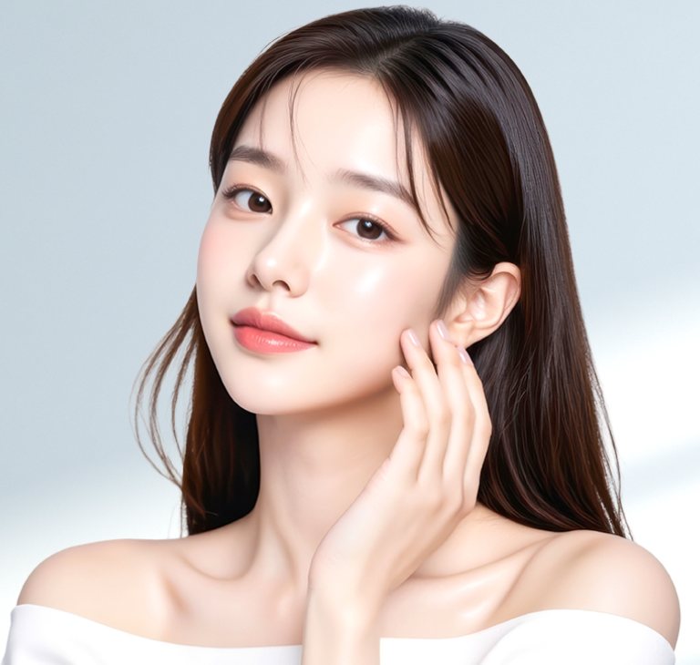 볼에 손을 댄 여성 모델