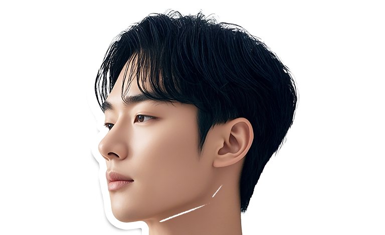귀밑 각 턱선에 포인트 선이 표시된 남성 모델 측면