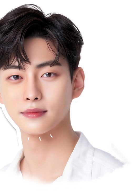 턱끝에 포인트 표시가 있는 남성 모델 정면(흰 셔츠)