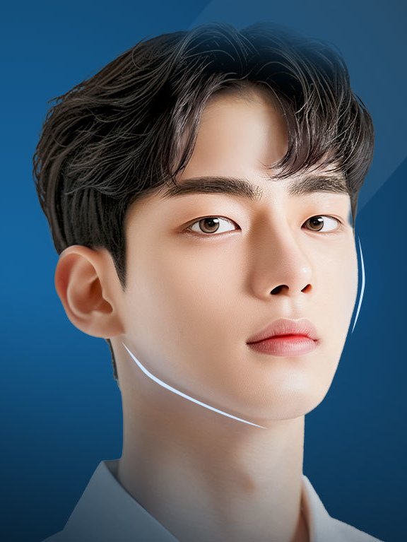 턱선에 라인이 표시된 남성 모델(파란 배경)