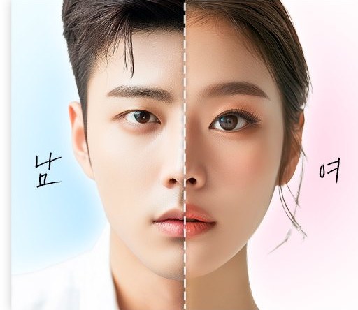남자(왼쪽)와 여자(오른쪽) 얼굴을 반씩 붙인 비교 사진