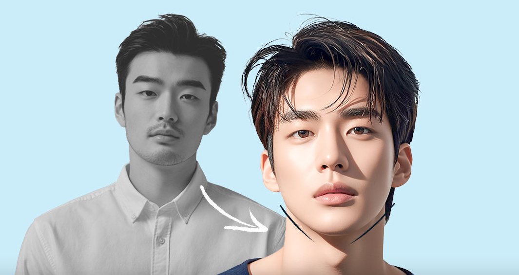 흑백의 수술 전 남성과 화살표로 이어진 턱선이 정리된 남성 모델