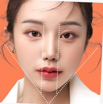 얼굴 윤곽과 코의 라인 점선 표시 정면 모델