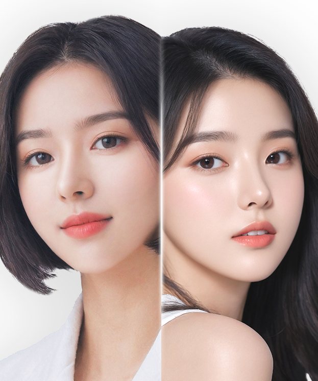 반씩 이어 붙인 두 여성 모델 얼굴(왼쪽 자가늑연골·오른쪽 기증늑연골 코성형 예시)