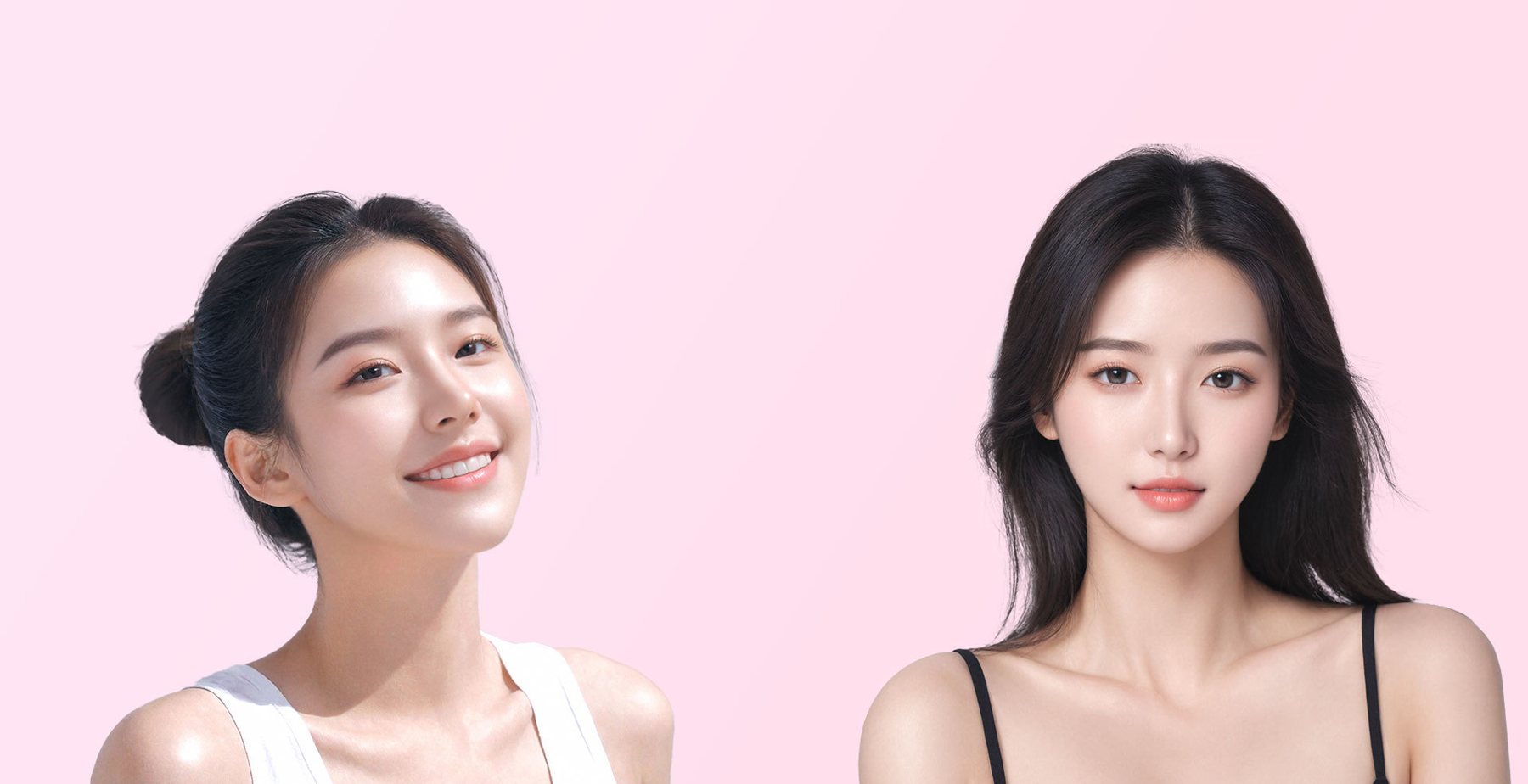 분홍 배경, 왼쪽에 웃는 올림머리 여성·오른쪽에 긴 흑발 여성 모델(가운데 비어 있음)