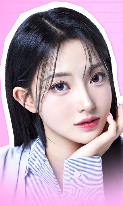흰 테두리 컷아웃 속 손으로 턱을 괸 긴 흑발 여성 모델(핀제거 이벤트 대표 이미지)
