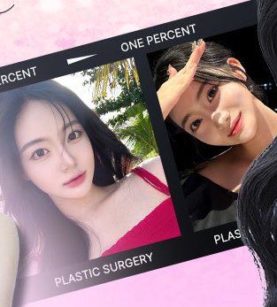 필름 띠 속 여성 셀카 2장(ONE PERCENT · PLASTIC SURGERY 필름 테두리)