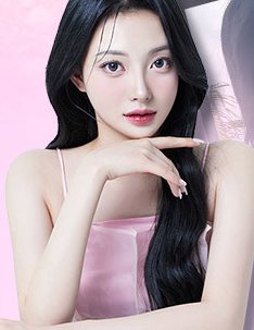 턱을 괸 분홍 슬립 차림 긴 흑발 여성 모델(작은 컷)
