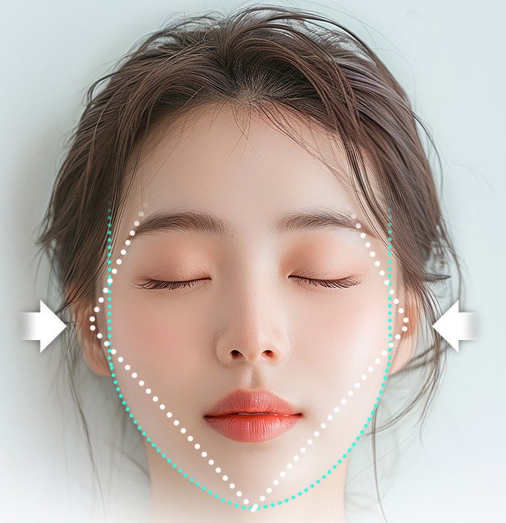 얼굴 윤곽 점선과 양옆 화살표가 표시된 눈 감은 여성 모델