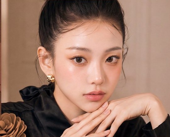 검은 블라우스의 여성 모델이 두 손을 턱에 댄 사진
