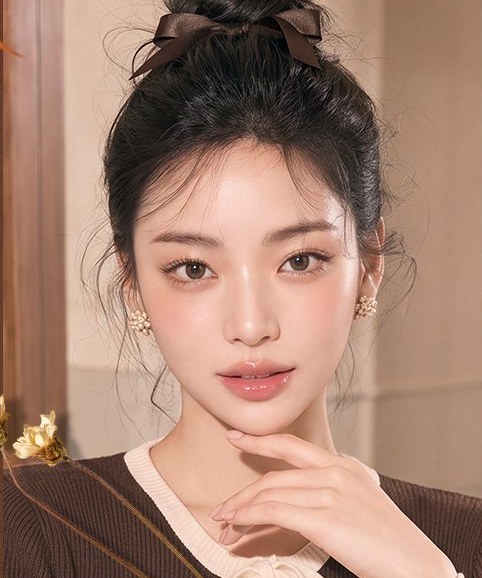리본 올림머리 여성 모델 정면 사진