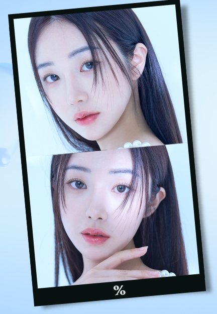 폴라로이드 틀 안의 긴 흑발 여성 모델 사진 두 장