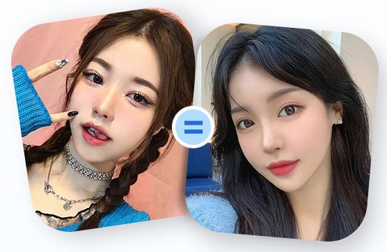 정면 셀카와 측면 셀카 여성 모델 사진(= 표시)