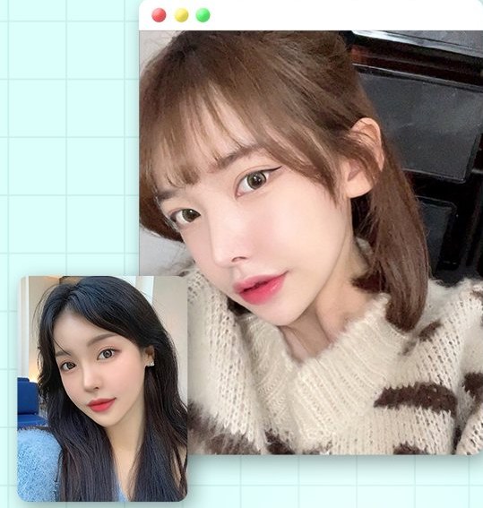 브라우저 창 모양 프레임의 앞머리 여성 셀카와 긴 흑발 여성 셀카
