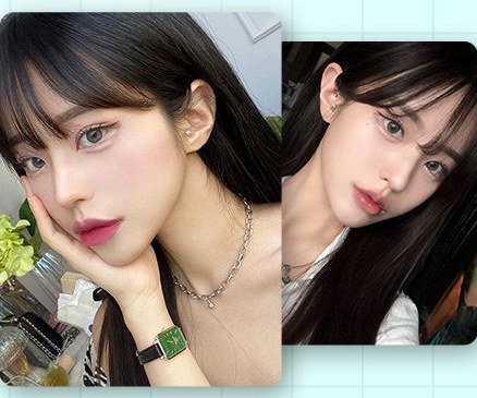 턱을 괸 여성 셀카와 앞머리 흑발 여성 셀카
