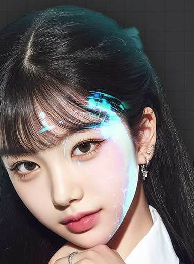 앞머리 긴 흑발 여성 모델이 손을 턱에 댄 모습(얼굴에 네온 글리치 장식, 제로모드 이벤트 대표 이미지)