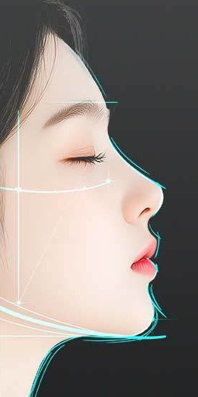 눈 감은 여성 옆얼굴 — 턱선·얼굴선을 따라 청록 가이드 라인이 그려진 모습