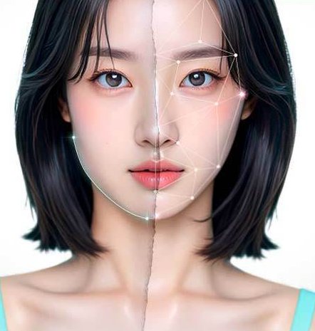 단발 여성 정면 얼굴 반반 비교 — 왼쪽 그대로(OFF), 오른쪽 얼굴선 가이드 라인(ON)