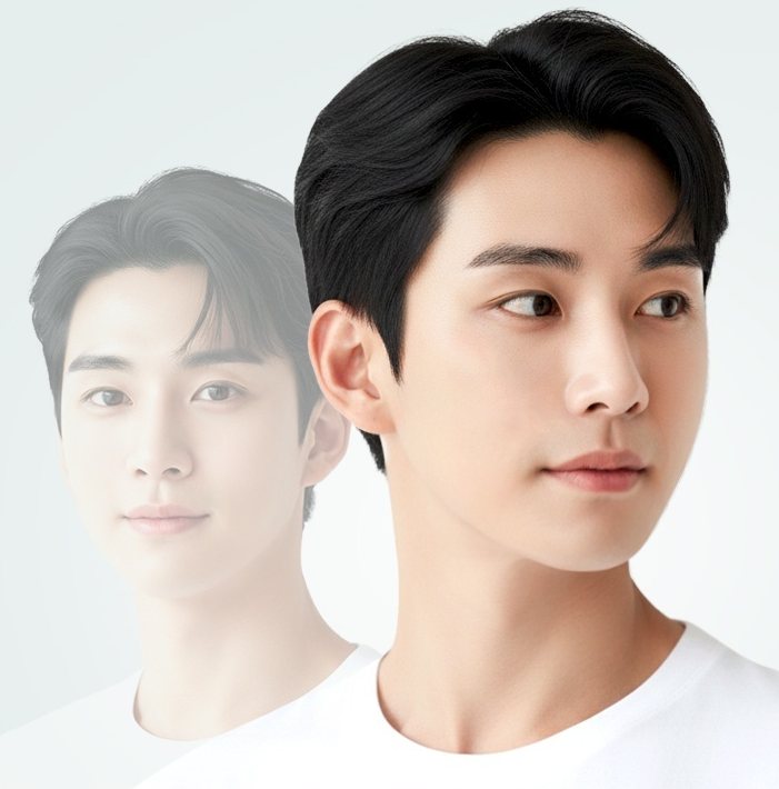 흰 티셔츠 남성 모델 옆얼굴과 흐린 정면 잔상
