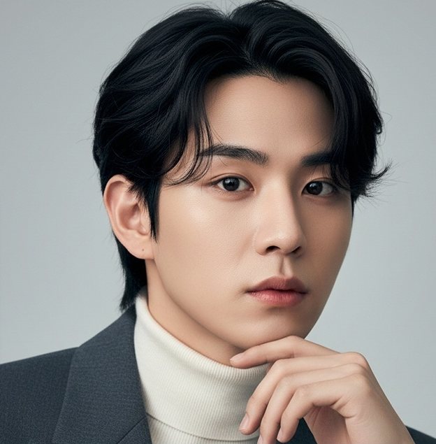 턱을 괸 터틀넥·재킷 차림 남성 모델